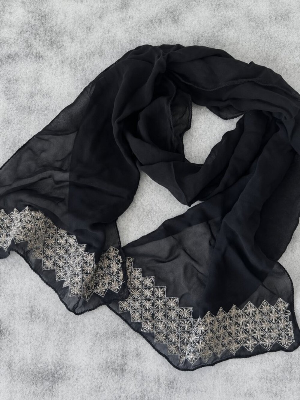 Scarf Black Semi- Sheer Rectangular Wrap Beaded Ends New 58" x 11"